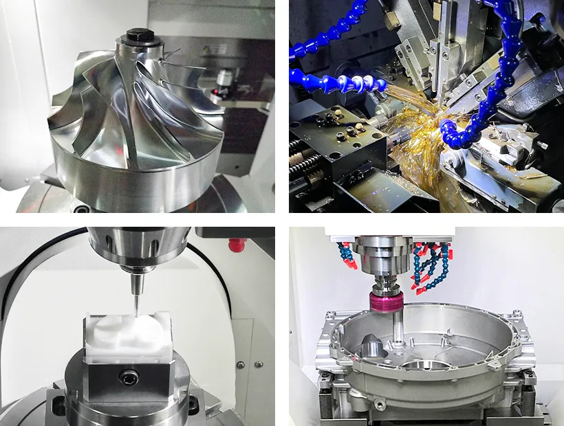 Collage of precision CNC machining operations including impeller milling, turning, precision milling, and housing machining