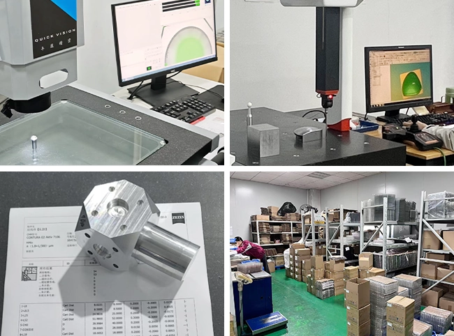 Collage showing quality assurance process including dimensional inspection, part verification, and packing before shipment