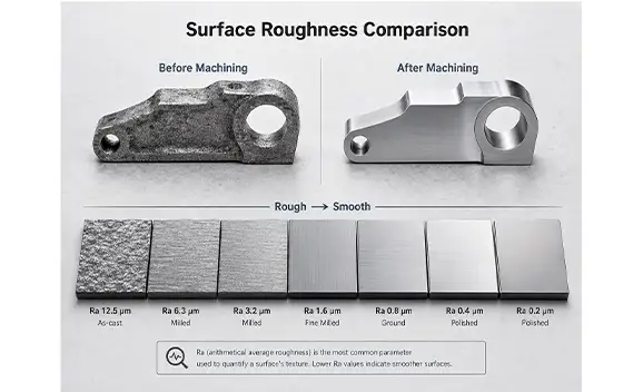 Surface roughness comparison showing a metal bracket before and after CNC machining, with finishes ranging from Ra 12.5 μm as-cast to Ra 0.2 μm polished.