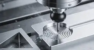 Ball end mill CNC machining a circular pocket in an aluminum prototype part, showing precision milling quality for custom parts in Shenzhen, China.