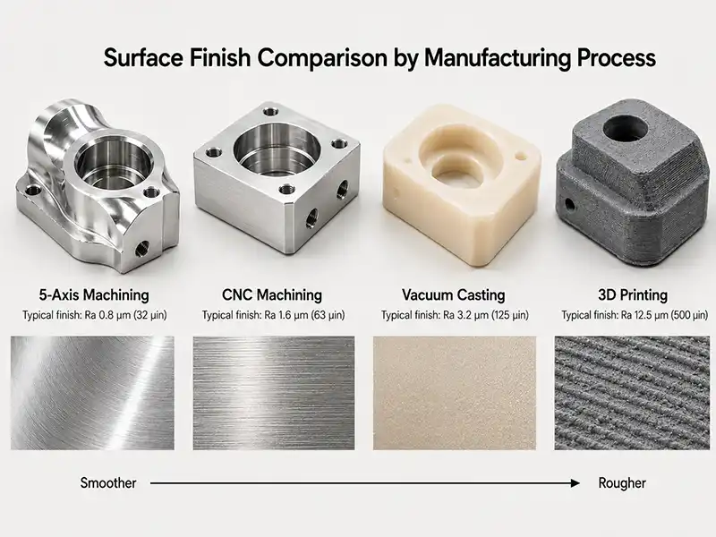 Surface finish comparison of 5-axis machining, CNC machining, vacuum casting, and 3D printing, showing representative parts and surface roughness from Ra 0.8 μm to Ra 12.5 μm.