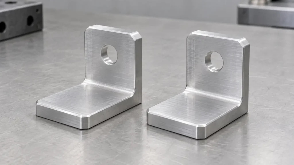 Two similar satin-metal L brackets illustrating that appearance does not identify an aluminum alloy or temper