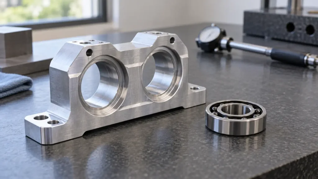 AI concept of a generic machined bearing housing with aligned bores, a bearing and a bore gauge