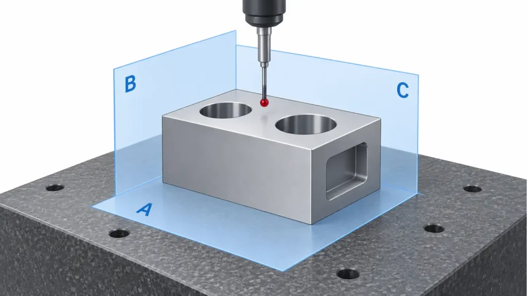 A spherical probe approaches a generic two-bore block surrounded by reference planes labeled A, B and C.