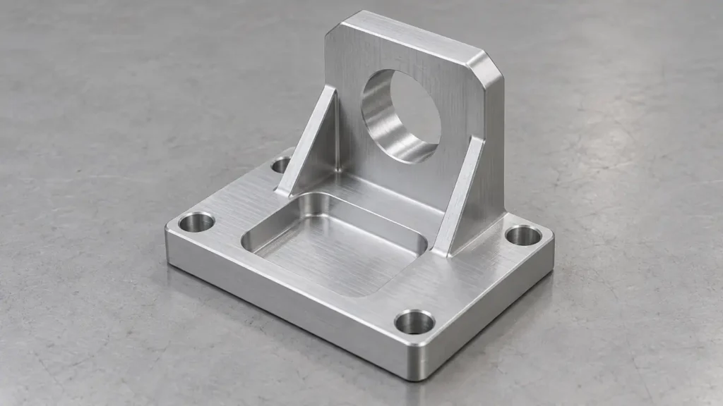 Concept machined aluminum bracket with a rounded pocket, mounting holes and an upright circular bore