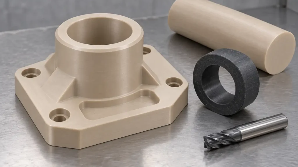 Natural-colored machined PEEK mounting component beside a dark reinforced PEEK ring, a PEEK stock rod and an end mill on a neutral bench
