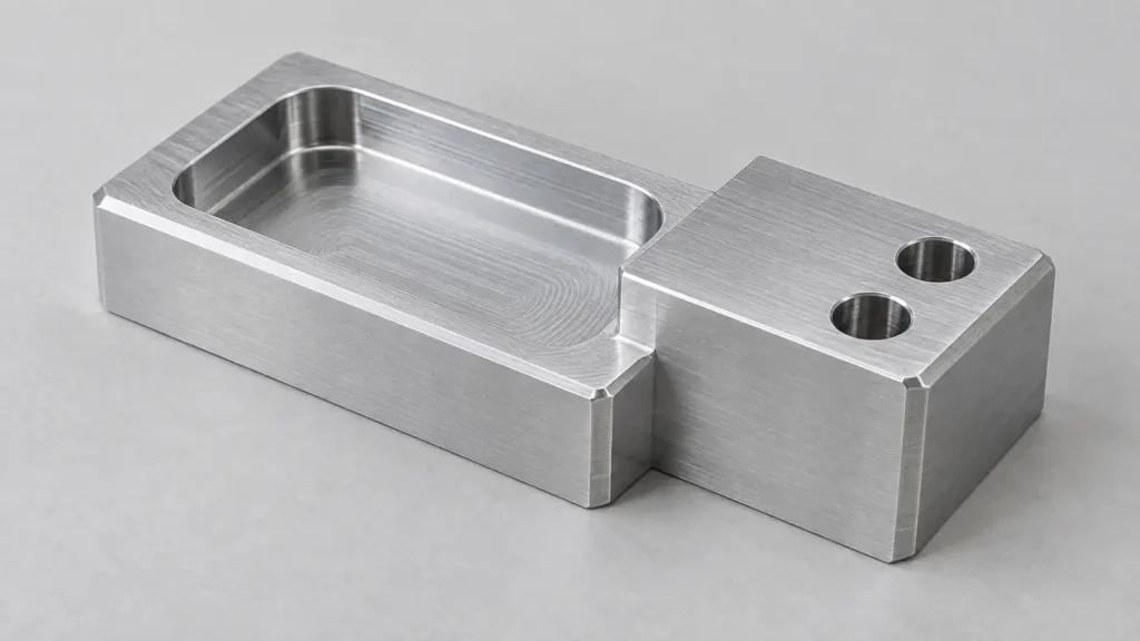 Silver-colored machined block with a rounded pocket, raised step and two circular holes resting on a gray surface