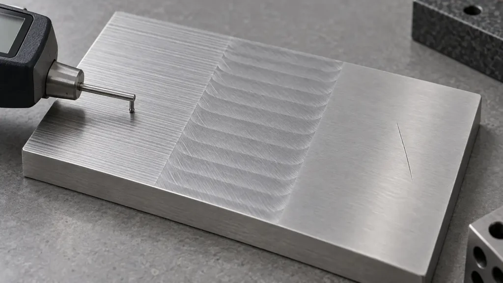 Machined aluminum plate with fine parallel marks, wider tool-path scallops and one isolated scratch beside a contact profilometer stylus