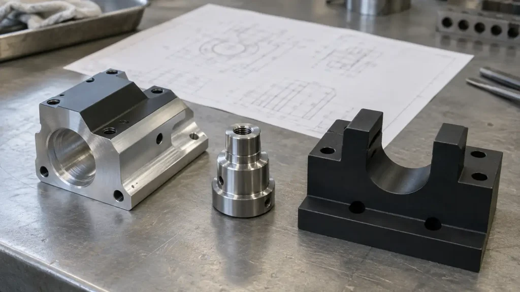 Conceptual arrangement of machined aluminum and steel components with contrasting surface finishes