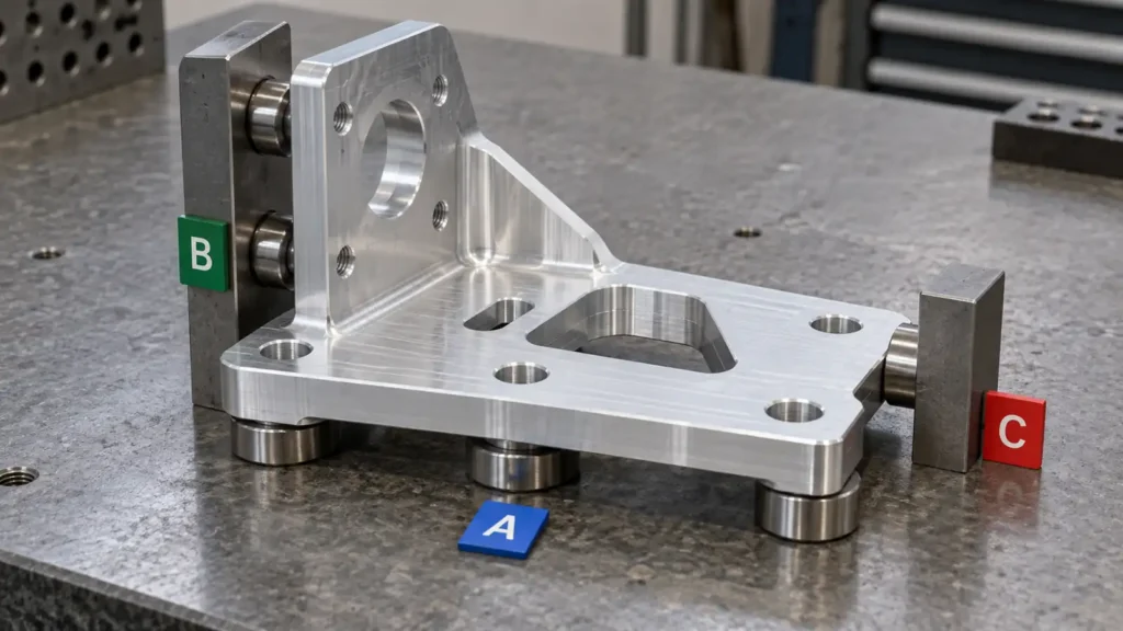 Machined aluminum bracket rests on three support pads against two side locators and one end stop with removable A, B and C markers beside the contacts