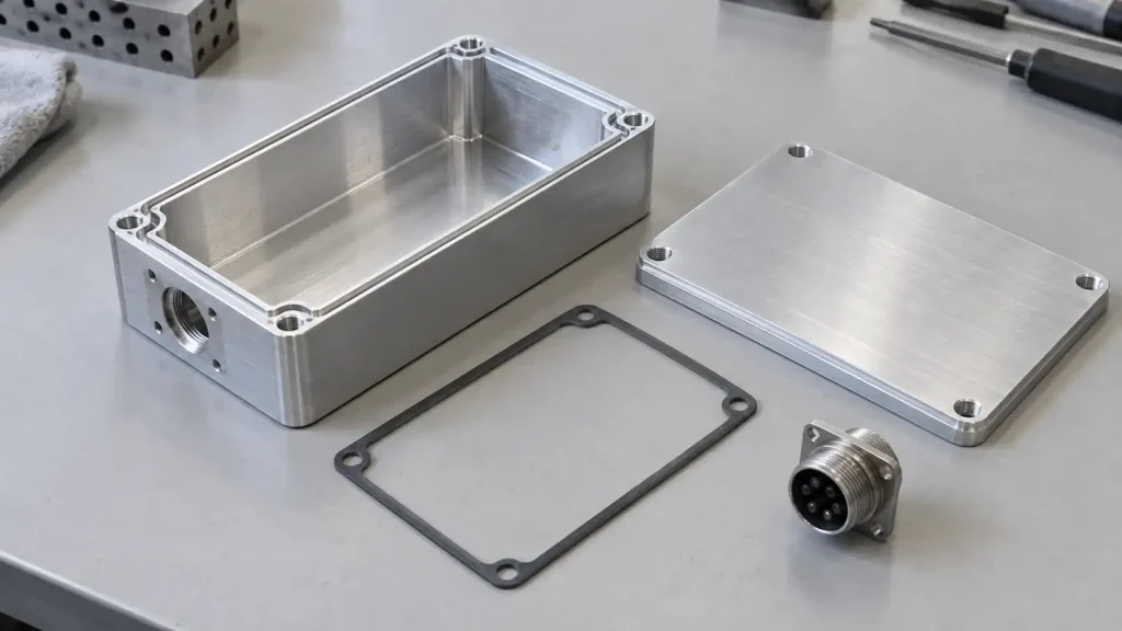 AI concept of a generic machined aluminum electronics enclosure, cover gasket and connector flange