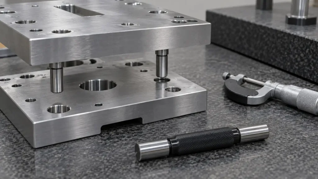 Photorealistic concept of two machined aluminum plates aligned by steel dowel pins on a metrology bench