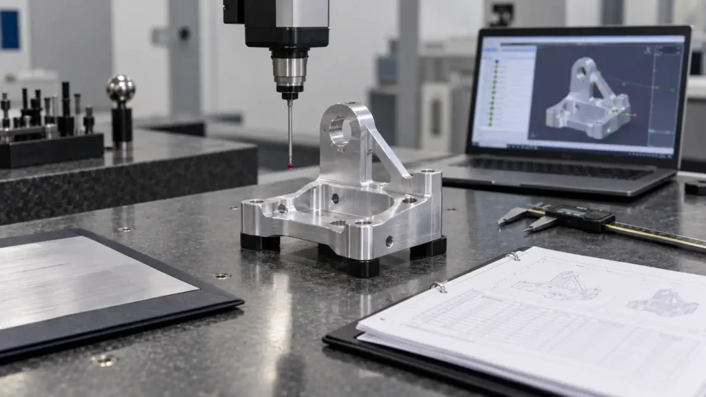 Photorealistic concept of a machined part under CMM inspection with a generic documentation packet