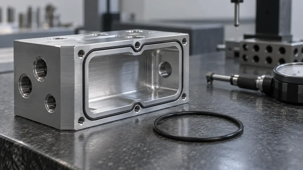 Photorealistic concept of a machined aluminum housing with a face-seal O-ring groove on a metrology bench