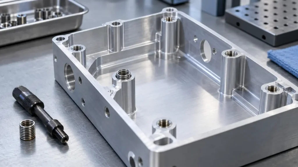 Photorealistic concept of threaded inserts installed in a CNC-machined aluminum housing