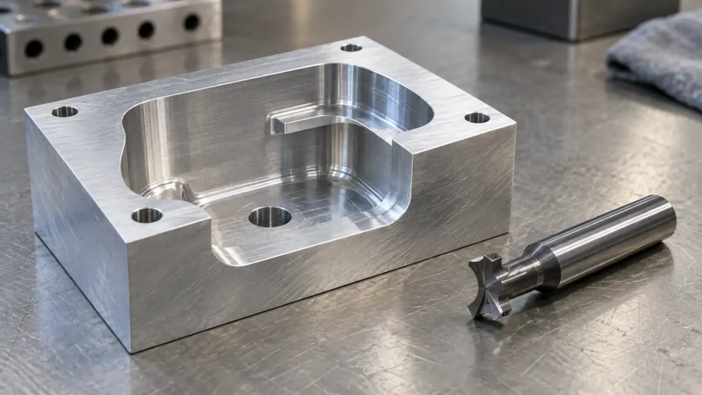 AI concept of a generic aluminum pocket and undercutting cutter showing restricted entry clearance