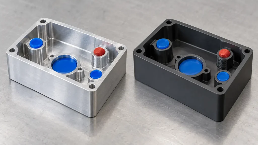 Matching machined aluminum housings shown before and after dark hard anodizing with multiple bores and one threaded feature protected by colored masking plugs