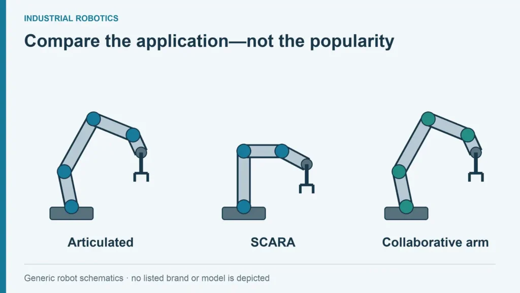 Unbranded articulated, SCARA and collaborative-arm schematics shown side by side