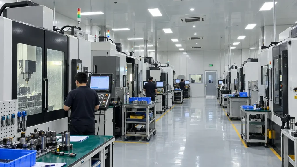 CNC machines and operators along a workshop aisle with ceiling-mounted air-conditioning units