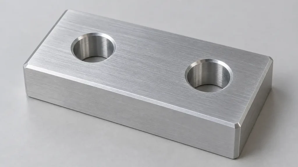 Conceptual aluminum block with two circular openings and chamfered outer and hole-entry edges