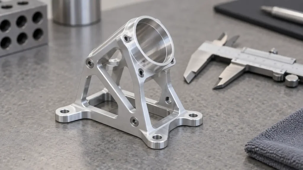 AI concept of a lightweight machined aluminum civilian sensor cradle with inclined bore and mounting feet