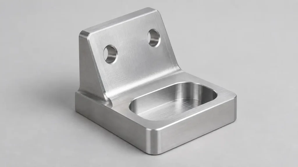 Satin metal bracket with an inclined mounting face and an open pocket resting on a neutral surface