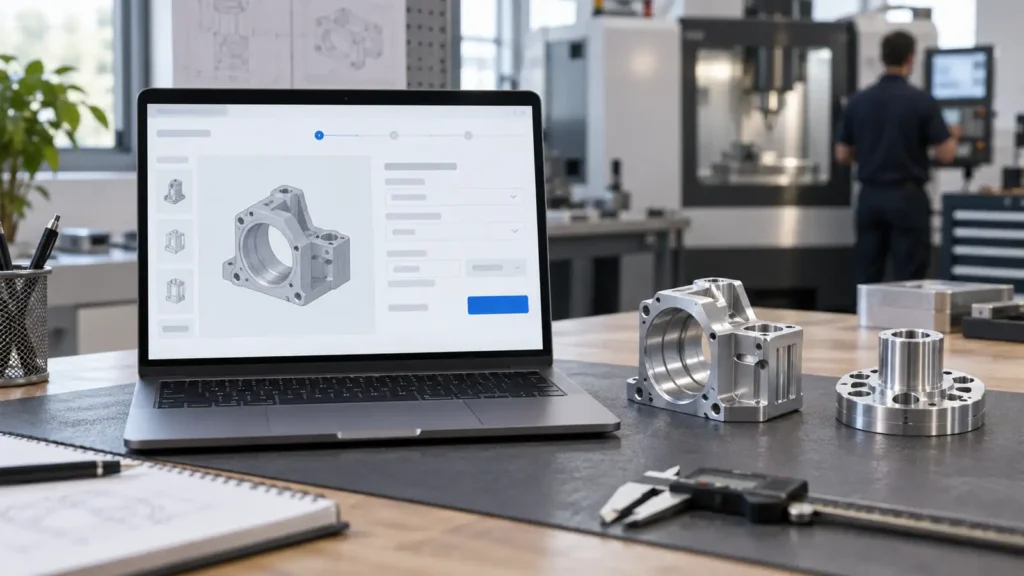 Conceptual engineering desk with an unbranded CNC quoting interface and generic machined aluminum parts