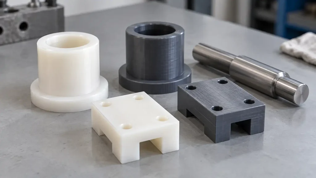 AI concept of generic polymer bushings and guides beside a metal shaft; color does not verify material grade