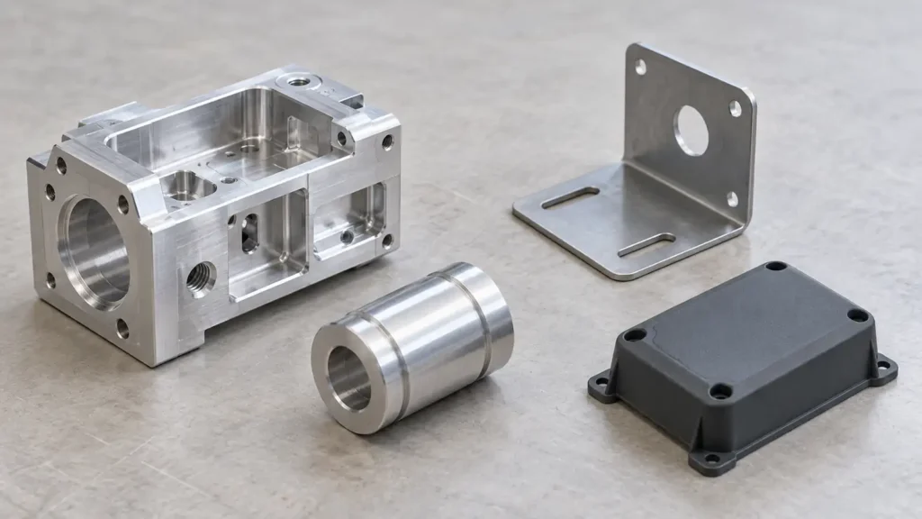 AI concept of a machined aluminum housing, turned spacer, bent sheet bracket and molded cover on a workbench