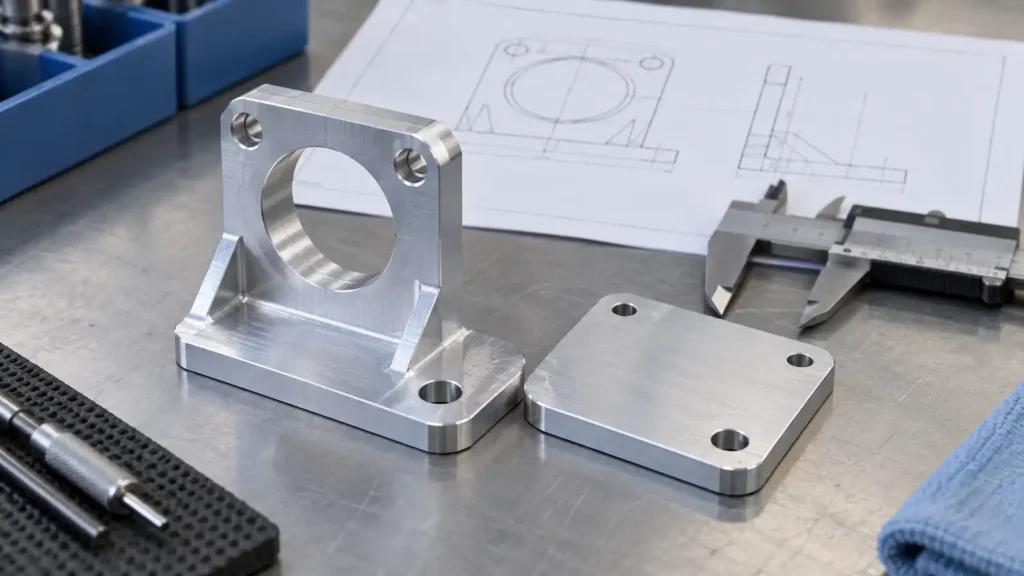 Conceptual CNC-machined aluminum bracket beside a mating interface plate, illustrating function-led precision design