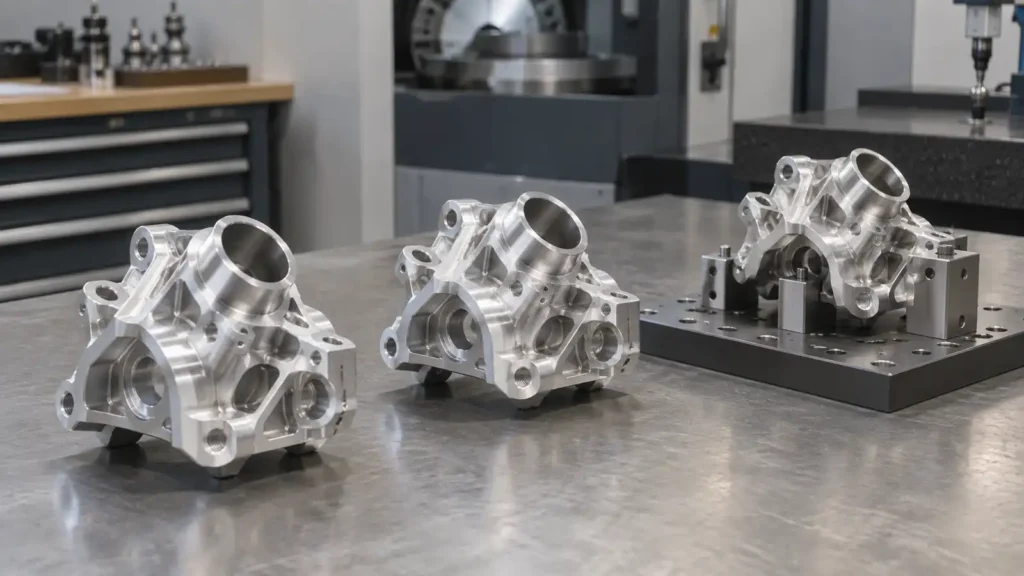 AI-generated concept of a complex machined aluminum part for prototype-to-repeat-production handoff