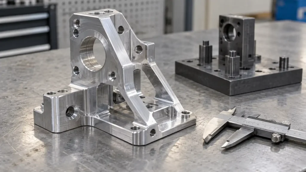 AI-generated concept of a complex machined aluminum part for supplier qualification for a complex five-axis cnc part