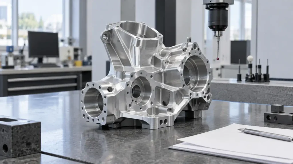 AI-generated concept of a complex machined aluminum part for buyer technical quality-agreement checklist