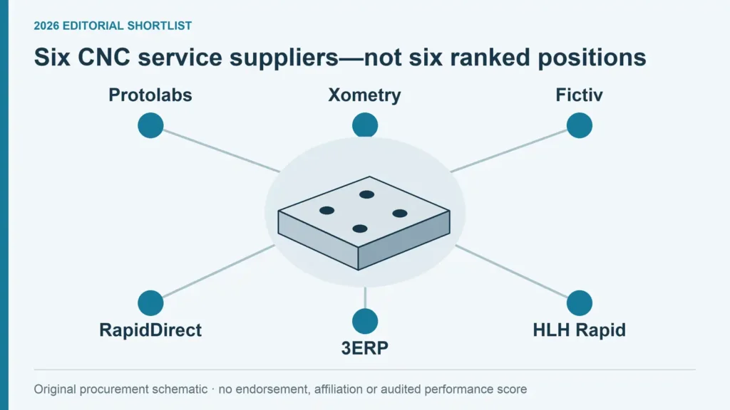 Six supplier names surround a generic machined plate without scores or numbered ranks