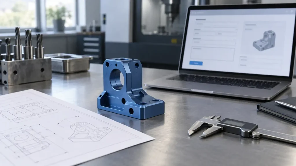 Conceptual CNC sourcing desk with a generic blue aluminum bracket, drawing, laptop and caliper