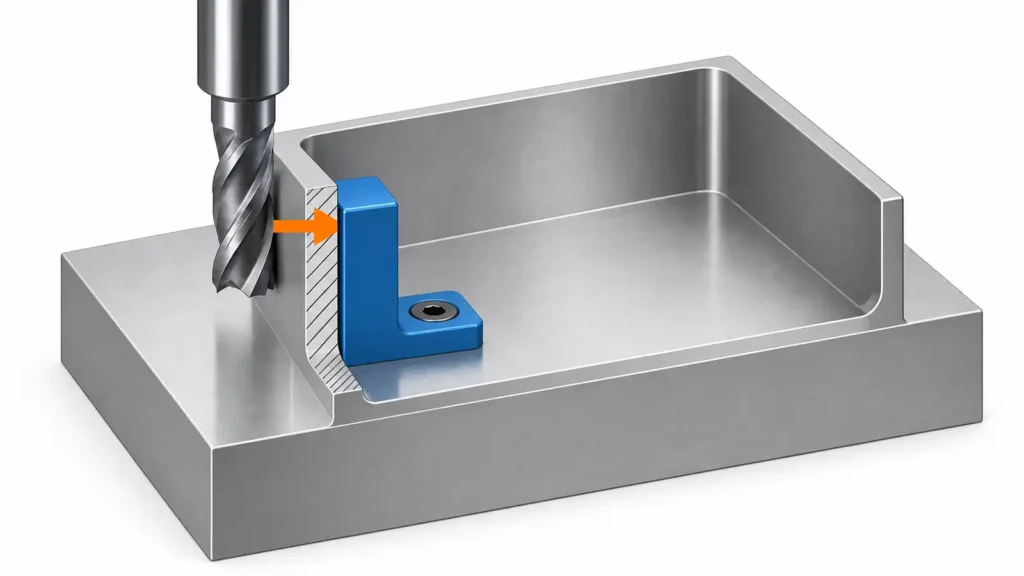 Cutaway pocket with an end mill outside the wall and a blue support bracket contacting the inside face.