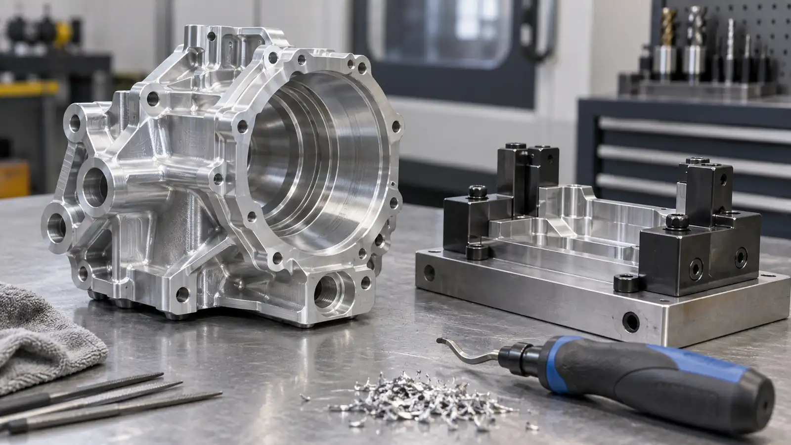 AI-generated concept of an aluminum machined housing beside fixture and deburring tools