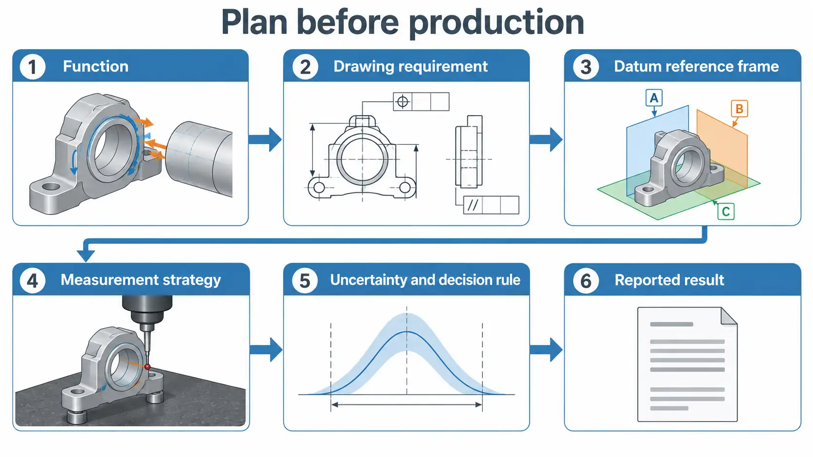Inspection planning sequence Six connected steps lead from function and drawing requirements through datums, measurement strategy and uncertainty to reporting.