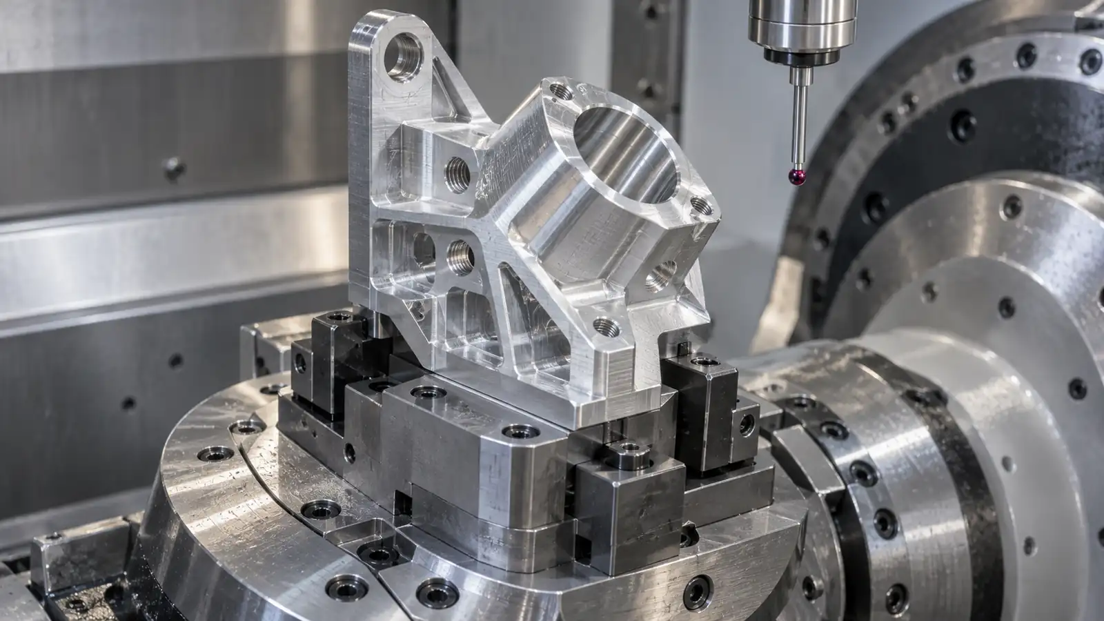 AI-generated concept of a multi-face aluminum component in five-axis workholding