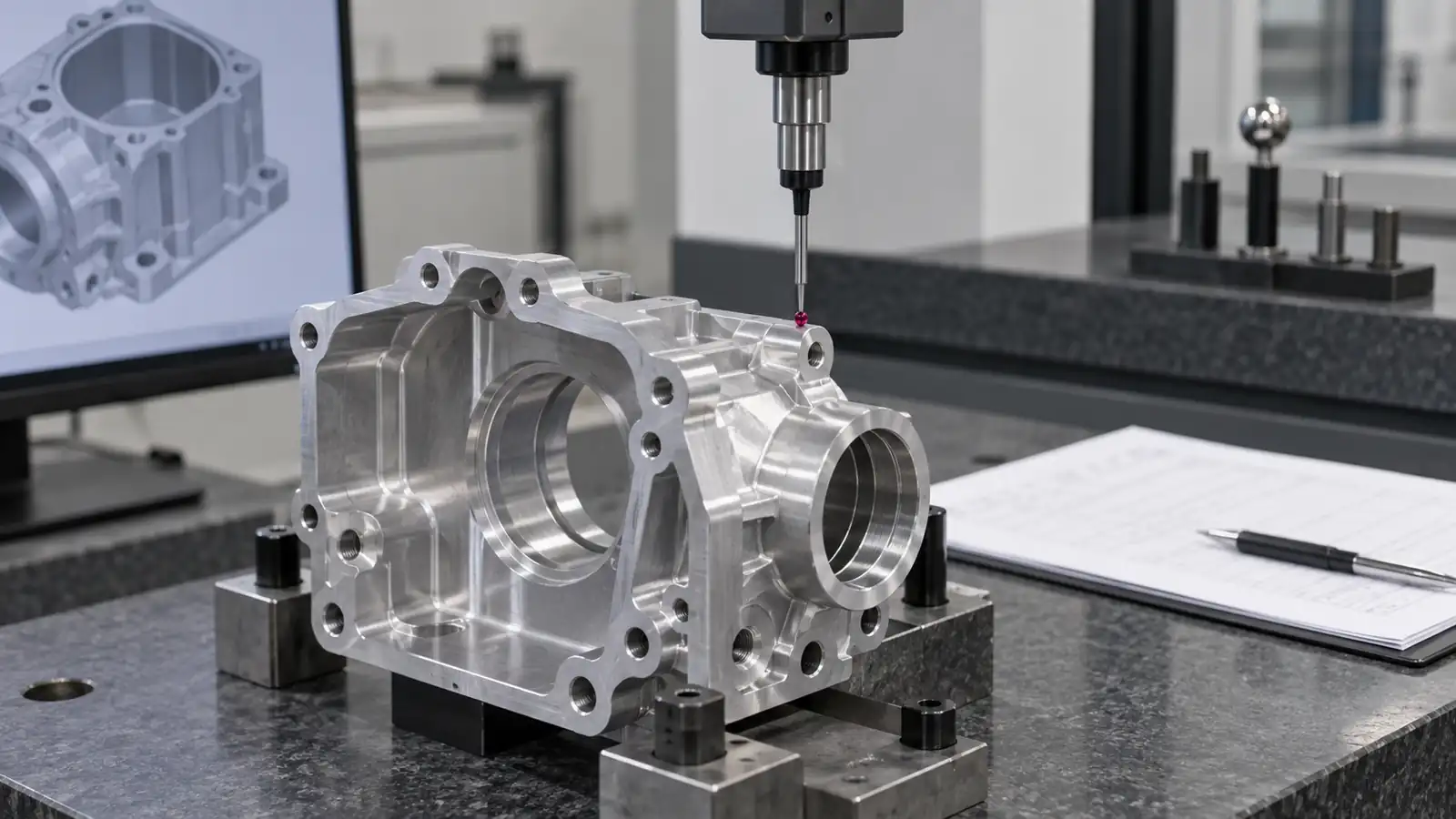 AI-generated concept of a machined aluminum housing under a CMM probe