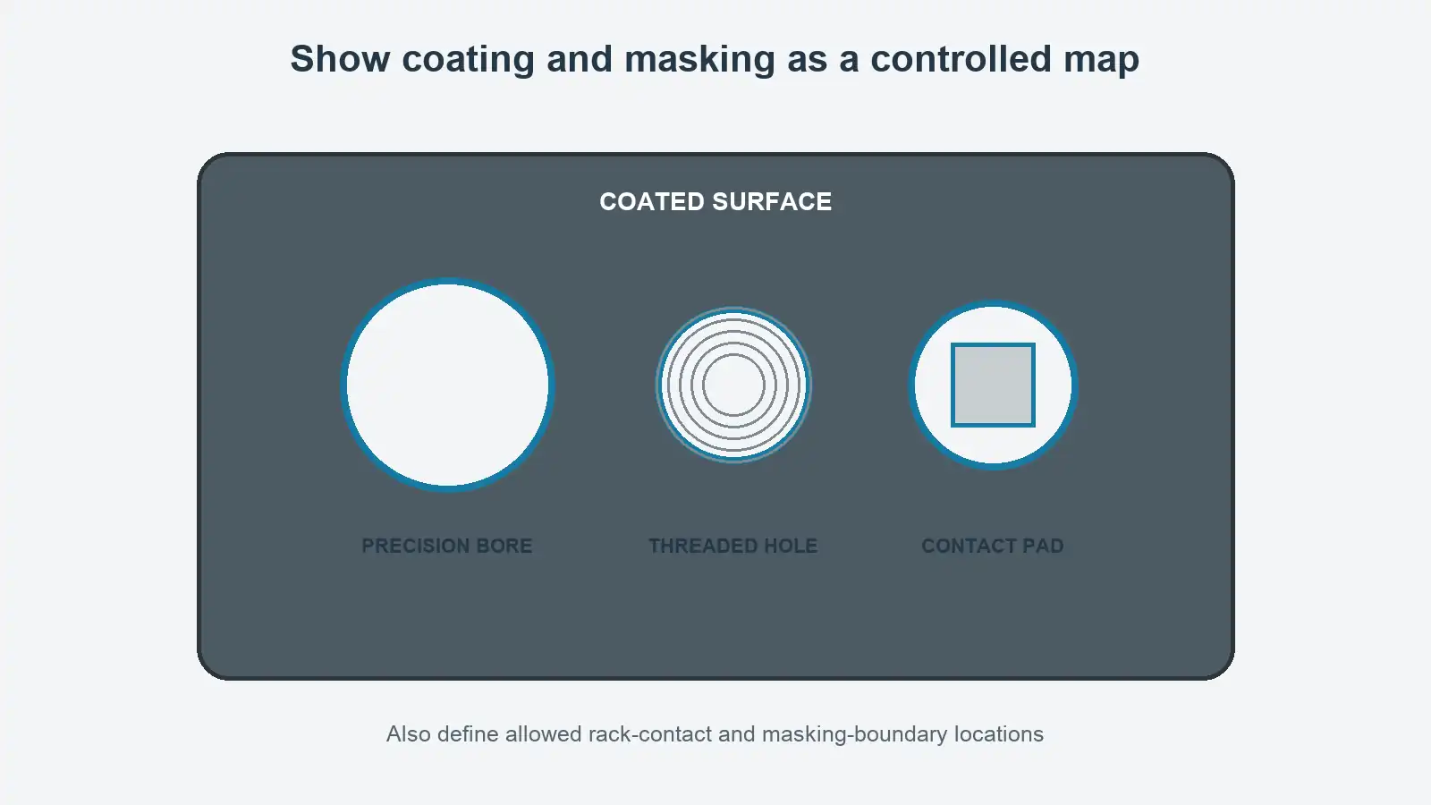 Top-view aluminum plate diagram separates coated faces from a masked precision bore, threaded hole and electrical contact pad