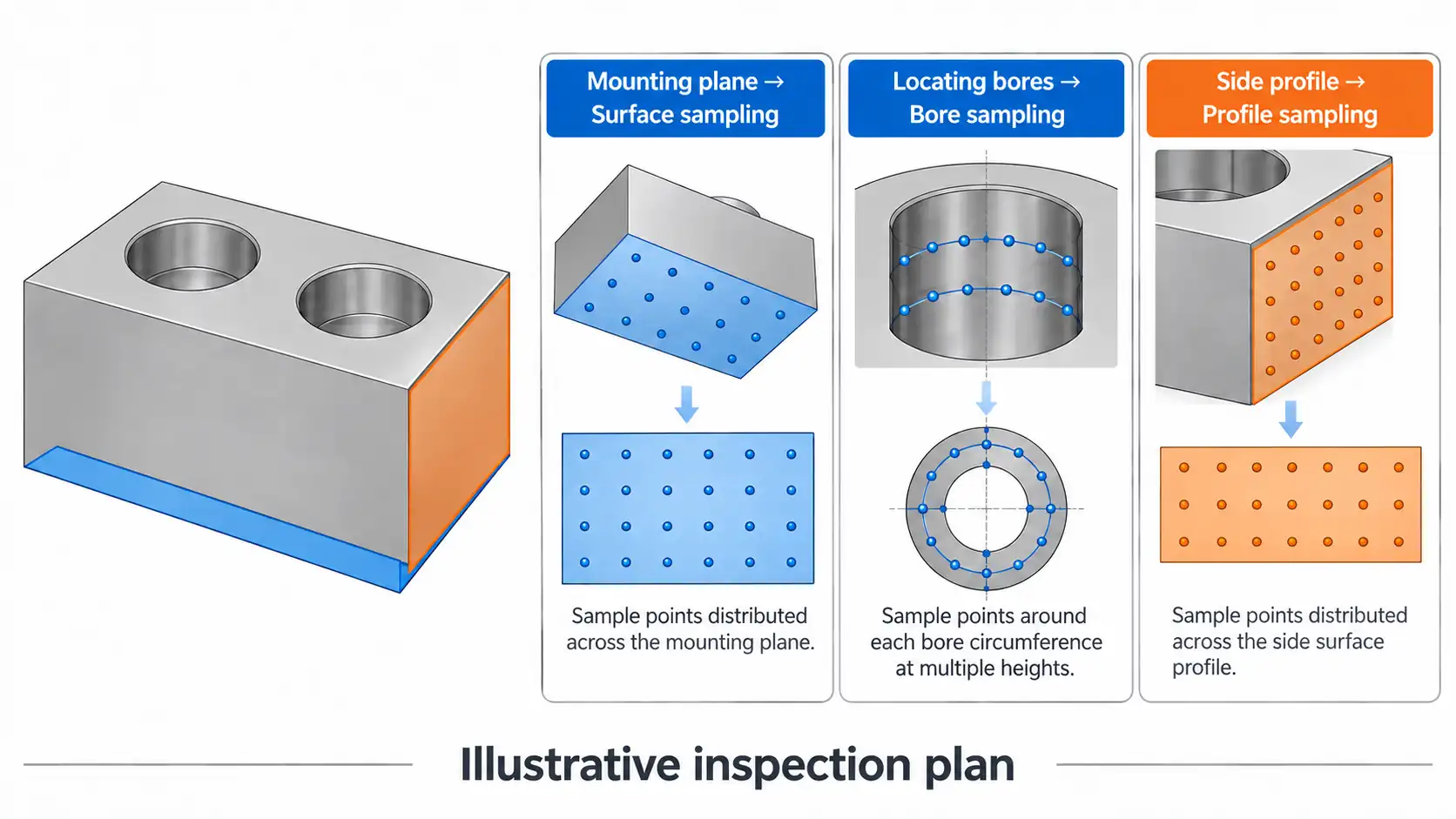 Feature-specific sampling Separate examples show distributed surface points, bore sampling at multiple heights and side-profile sampling.