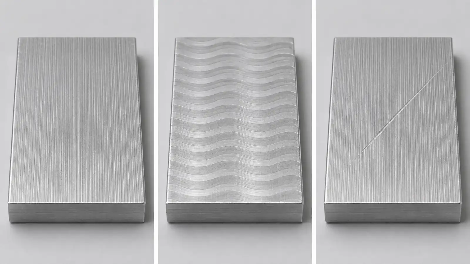 Regular tracks, wave-like marks and an isolated scratch Three matching metal coupons show regular parallel tracks, wave-like surface patterns, and regular tracks with a diagonal scratch
