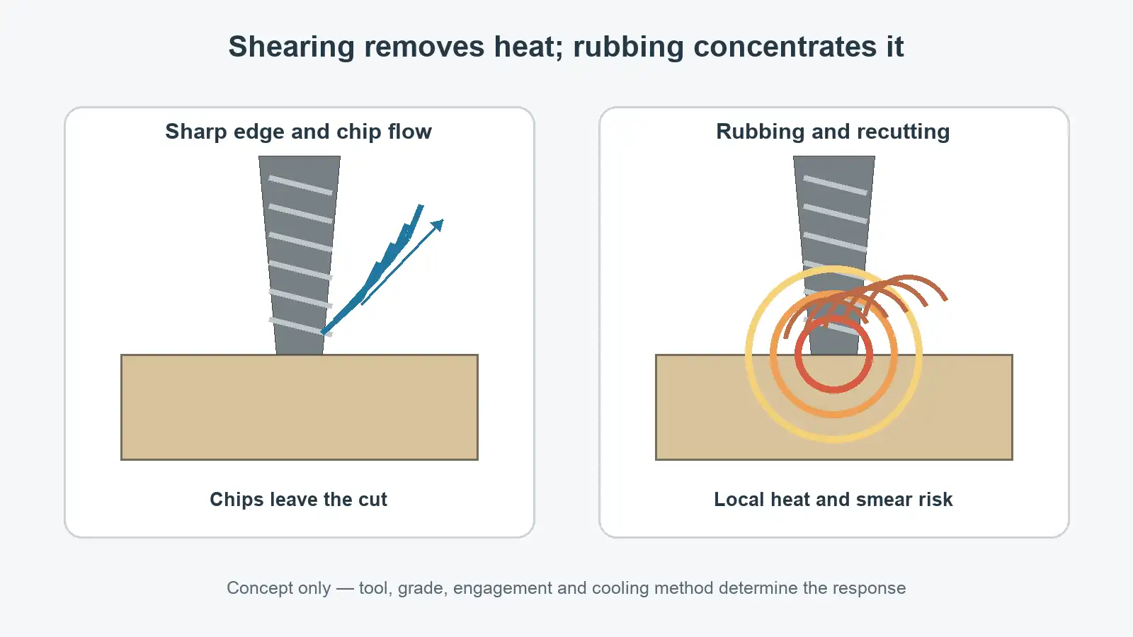 Equal cutting sections compare sharp shearing with chips leaving the cut against rubbing and recutting around the same tool position