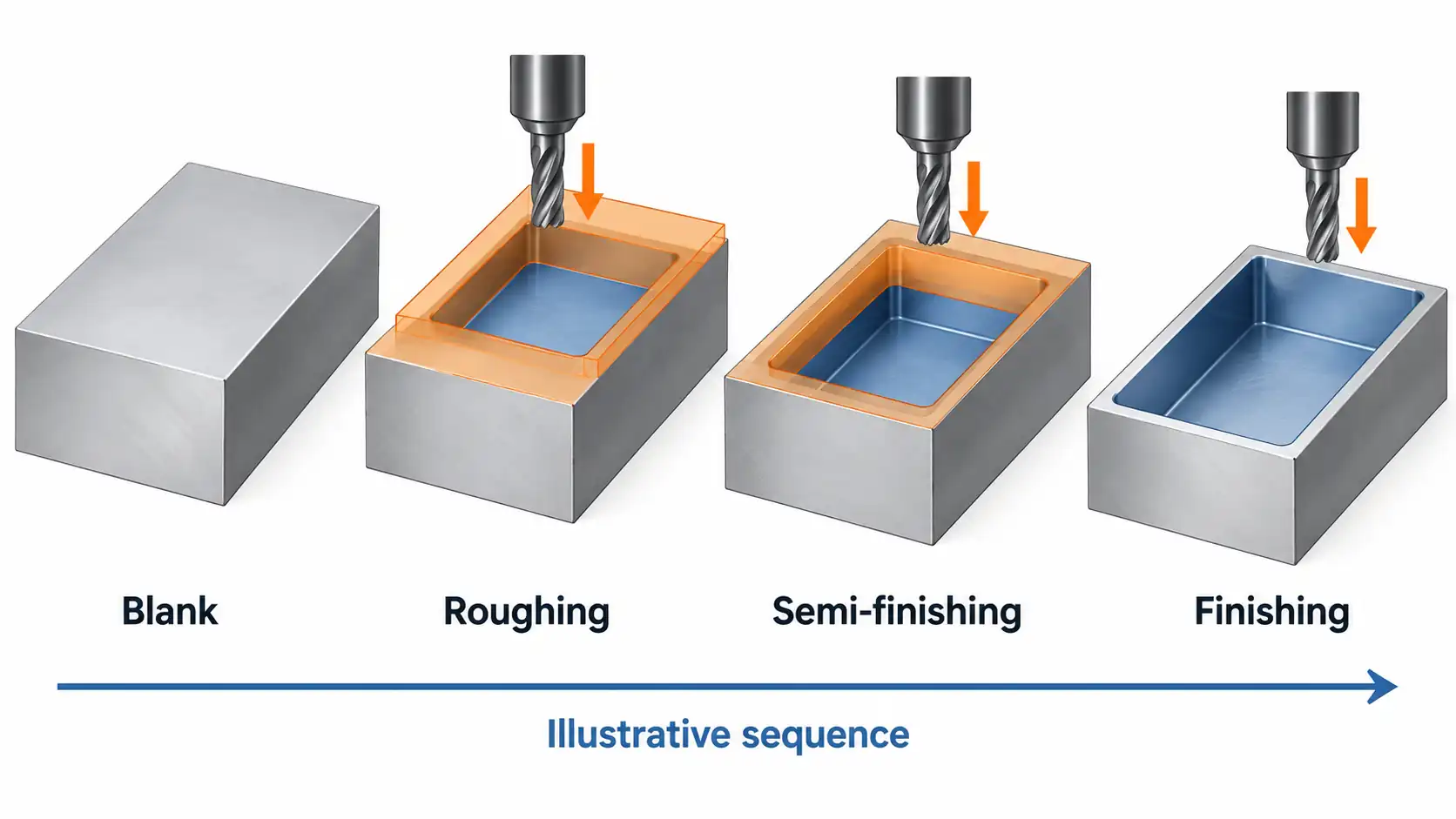 Staged pocket machining A blank and three pocket-machining stages illustrate roughing, semi-finishing and finishing, with remaining stock highlighted.