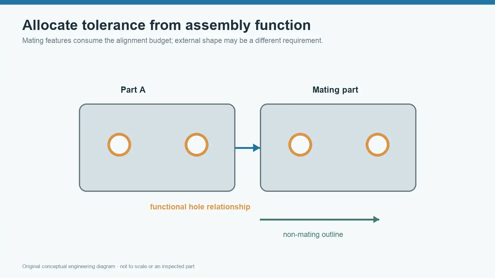 Conceptual assembly stack diagram showing how mating features consume an allowable gap or alignment budget
