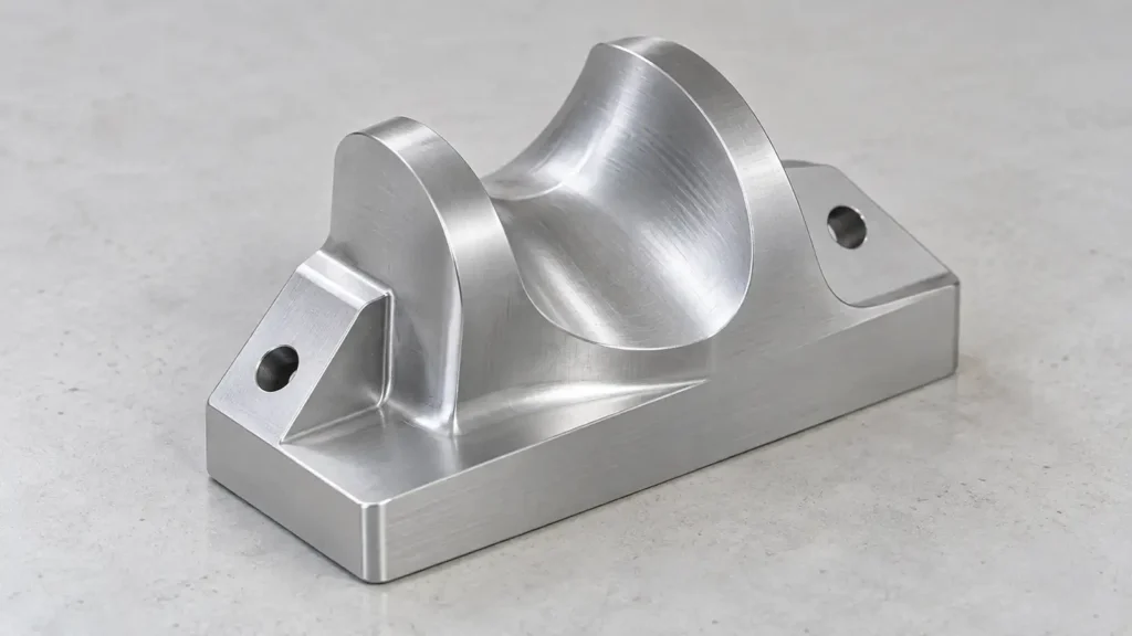 Conceptual aluminum component with two mounting holes and a curved central surface resting on a gray bench