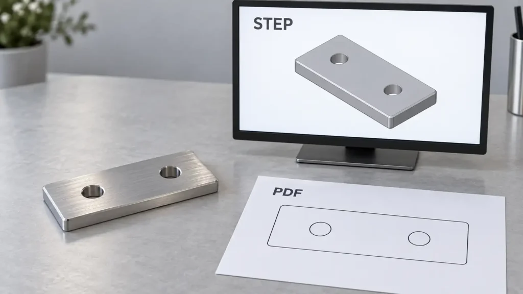 Conceptual two-hole aluminum plate beside a screen labeled STEP and a matching schematic sheet labeled PDF