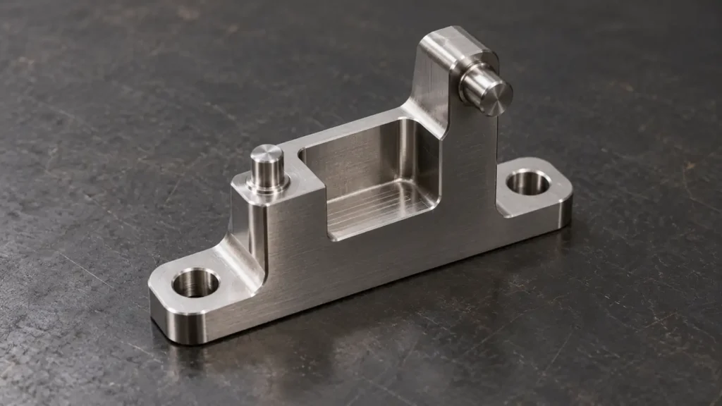 AI concept of a generic machined 17-4 PH stainless steel bracket with bores and milled pocket