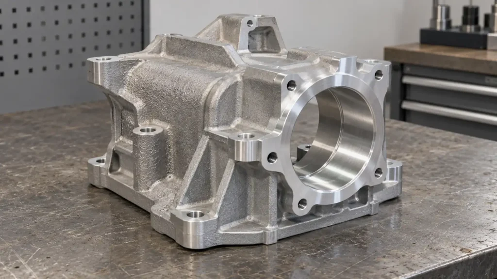 AI concept of a generic cast-aluminum housing with raw texture, machined bore and mounting pads